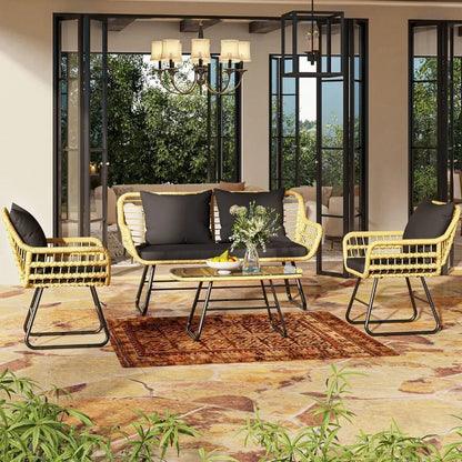 4 Piece Patio Furniture Wicker Outdoor Bistro Set with Upholstered and Metal Table