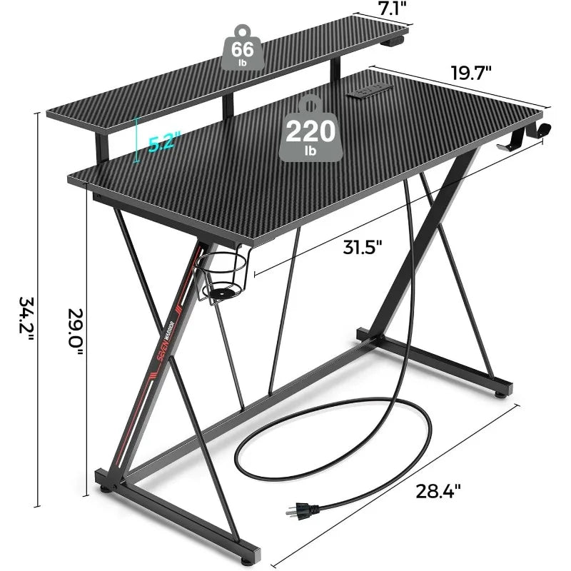 Gaming Desk with LED Lights & Power Outlets, 31.5" Computer Desk with Monitor Shelf