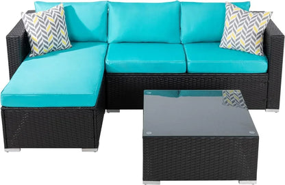 Outdoor Wicker Patio Sofa Set, Black All-Weather Rattan Small Sectional Patio Set