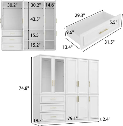 Extra Wide Wardrobe Armoire with 2/4/8 Doors,Drawers,Storage Shelves & Hanging Rods