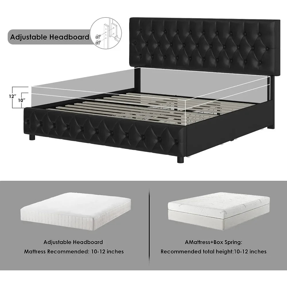 Faux Leather Platform Bed Queen Size with 4 Storage Drawers