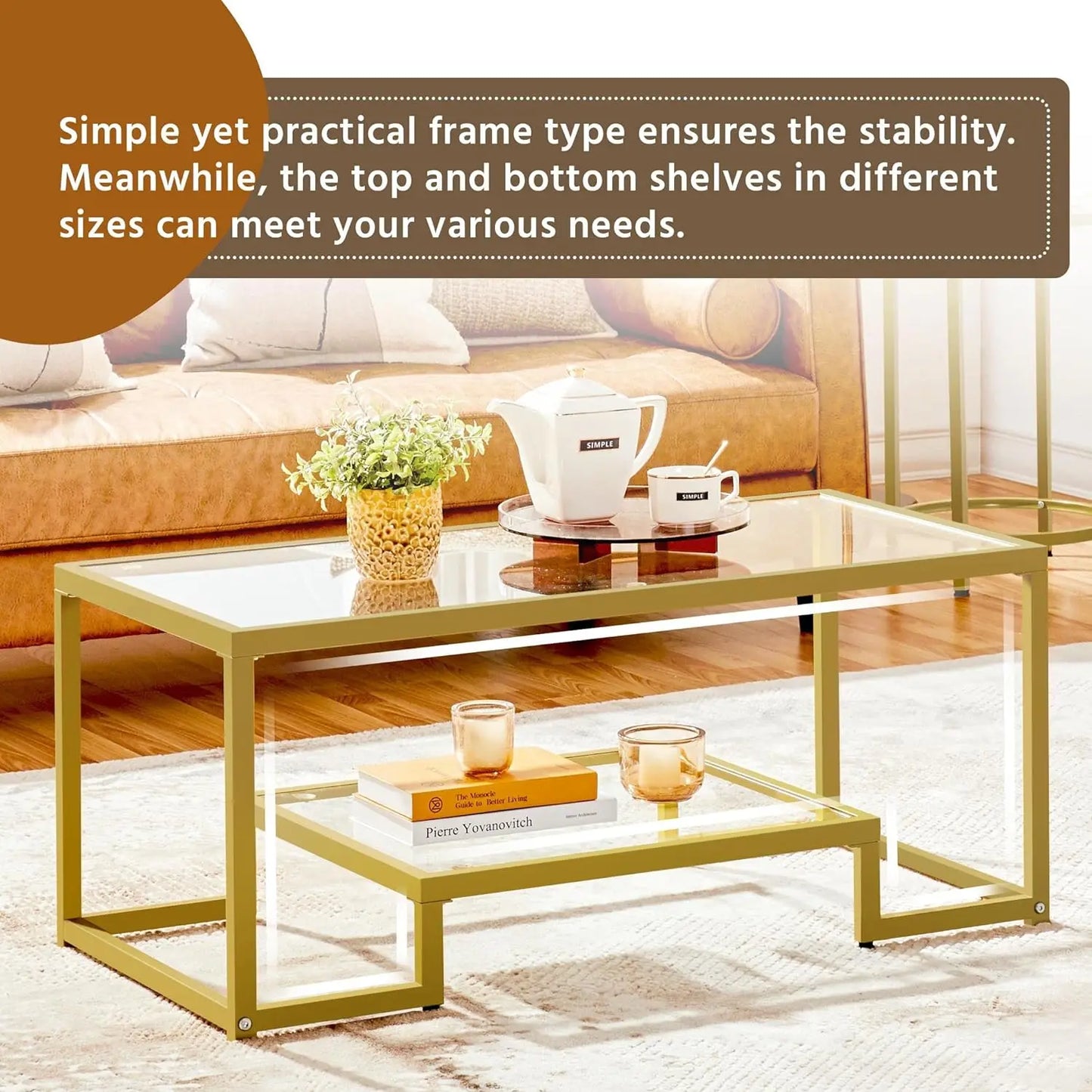 42" Rectangular Glass Coffee Table for Living Room, 2-Tier