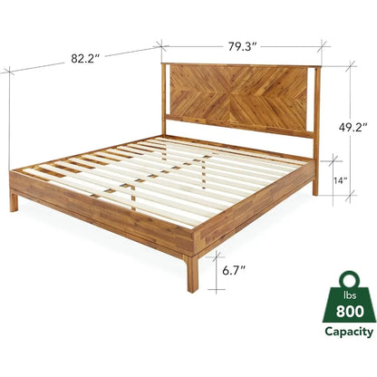 Luxury Bed Frame with Headboard, Solid Acacia Wood, No Need for Springs