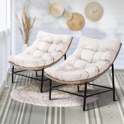 Rattan Outdoor Papasan Chair Set of 2, Premium Olefin Thick Cushion