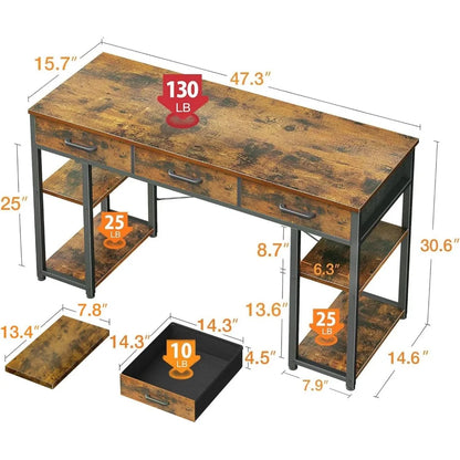 Office Small Computer Desk: Home Table with Fabric Drawers & Storage Shelves