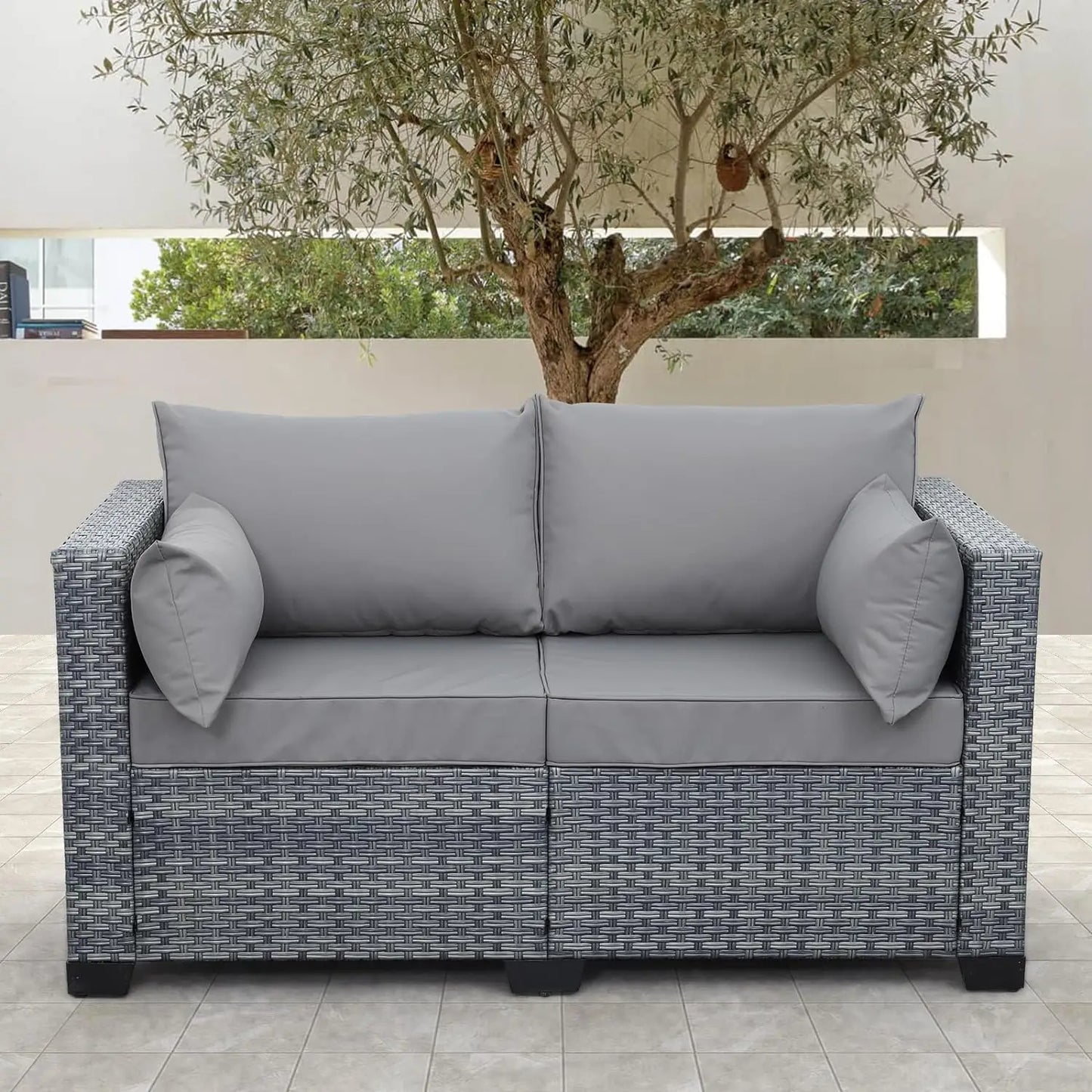 Outdoor Patio Loveseat Sofa, 2-Seater Small Couch, All Weather Wicker Love Seat Furniture