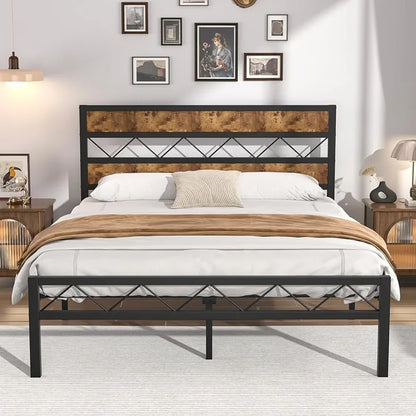 Metal platform bed frame, vintage wood headboard