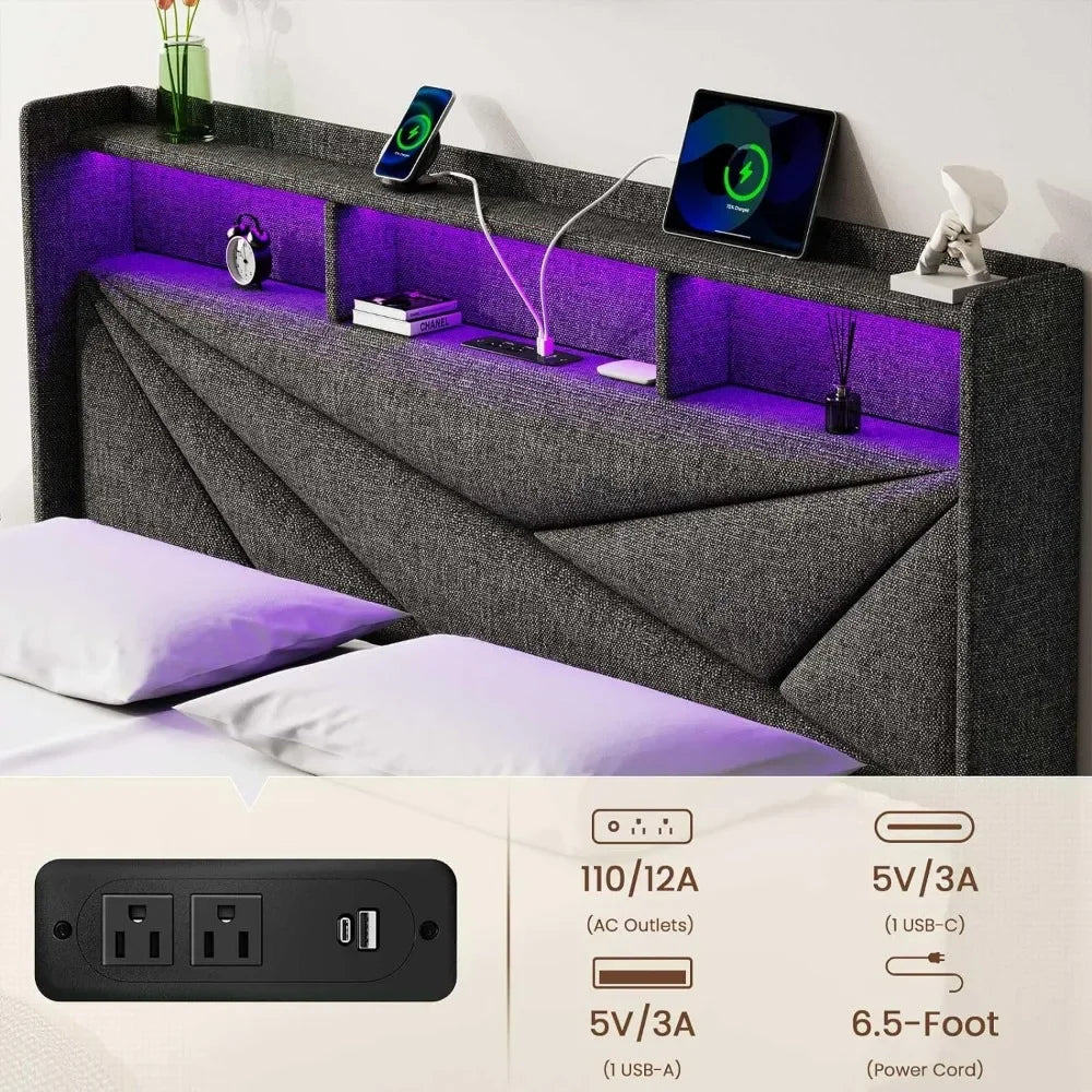 Bed Frame with 2 Storage Drawers with Headboard and Charging Station