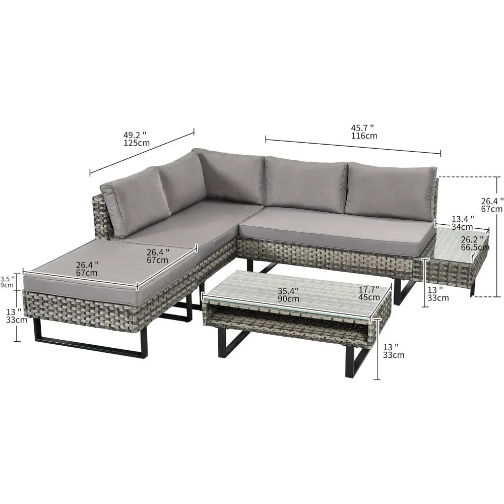 PE Rattan Sectional L-Shaped Sofa with Coffee Table for Poolside