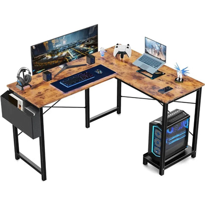 L Shaped Computer Desk Wood Corner PC Gaming Table With Side Storage Bag