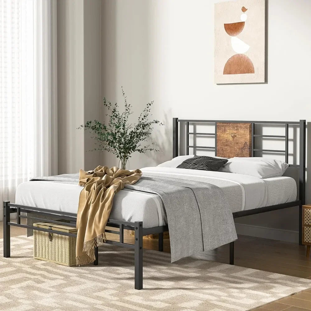 Full Size Bed Frame with Headboard, Heavy beds Platform Steel Slats Support