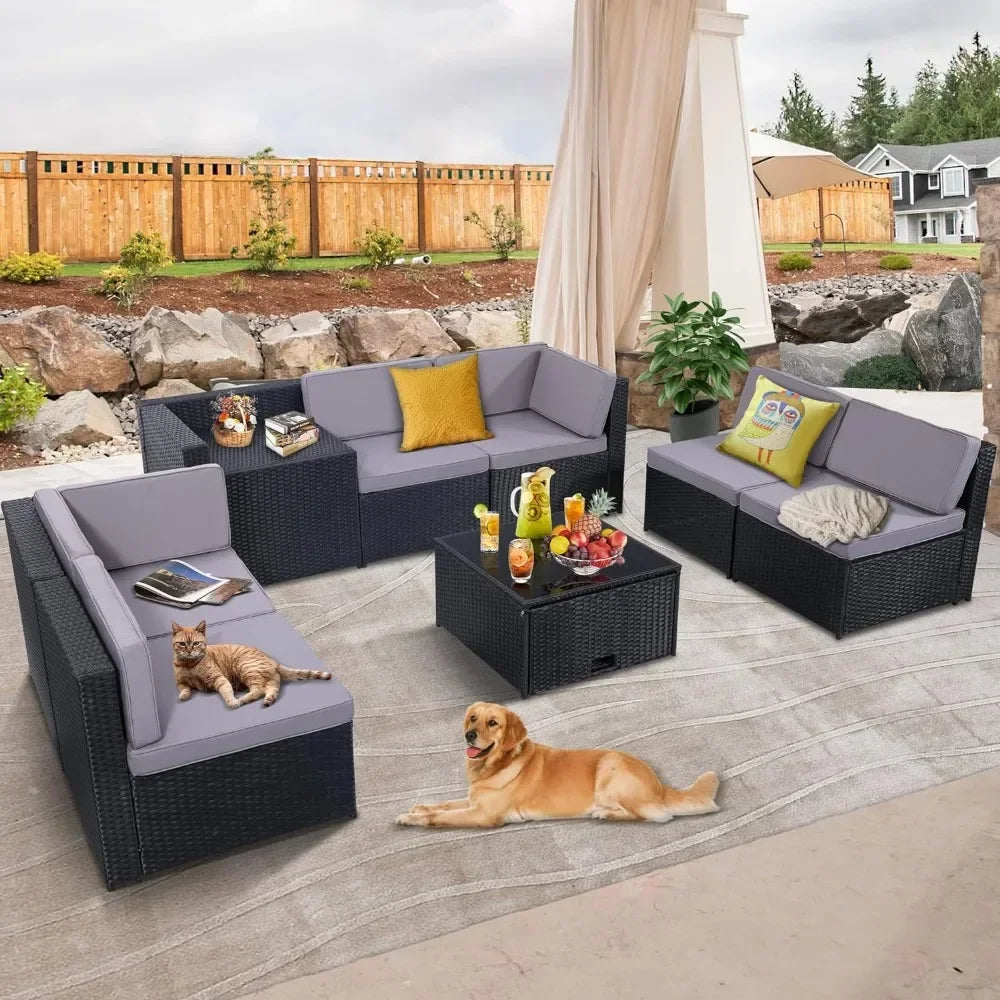 Garden Sofas Wicker Rattan Patio Furniture Sectional Set, Glass Top Table