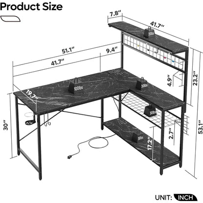 L Shaped Gaming Desk with Power Outlets, 51 inch Large LED Computer Desk