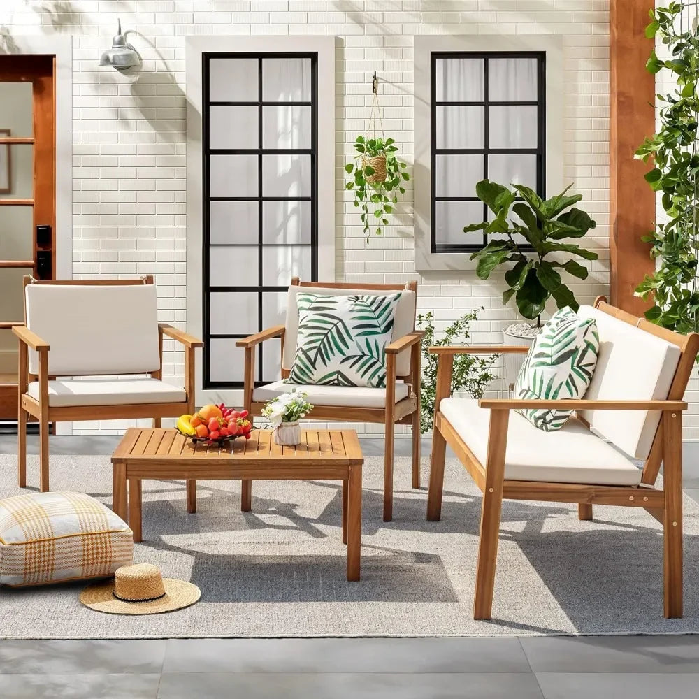 Patio Furniture 4 Piece Outdoor Acacia Wood Patio Conversation Sofa Set