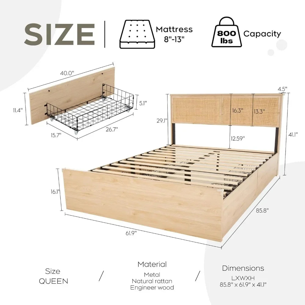 Rattan Bed Frame with Headboard and Wooden 4 Storage Drawers