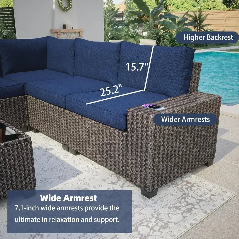 6 Pieces Outdoor Patio Sectional Sofa Couch, Brown PE Wicker Furniture