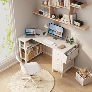 Lufeiya White L Shaped Computer Desk with Drawers & Storage Shelves, 47 Inch