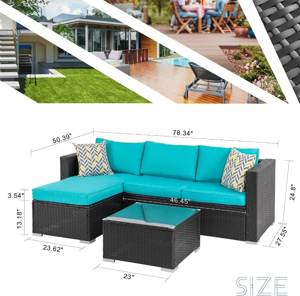 Outdoor Wicker Patio Sofa Set, Black All-Weather Rattan Small Sectional Patio Set