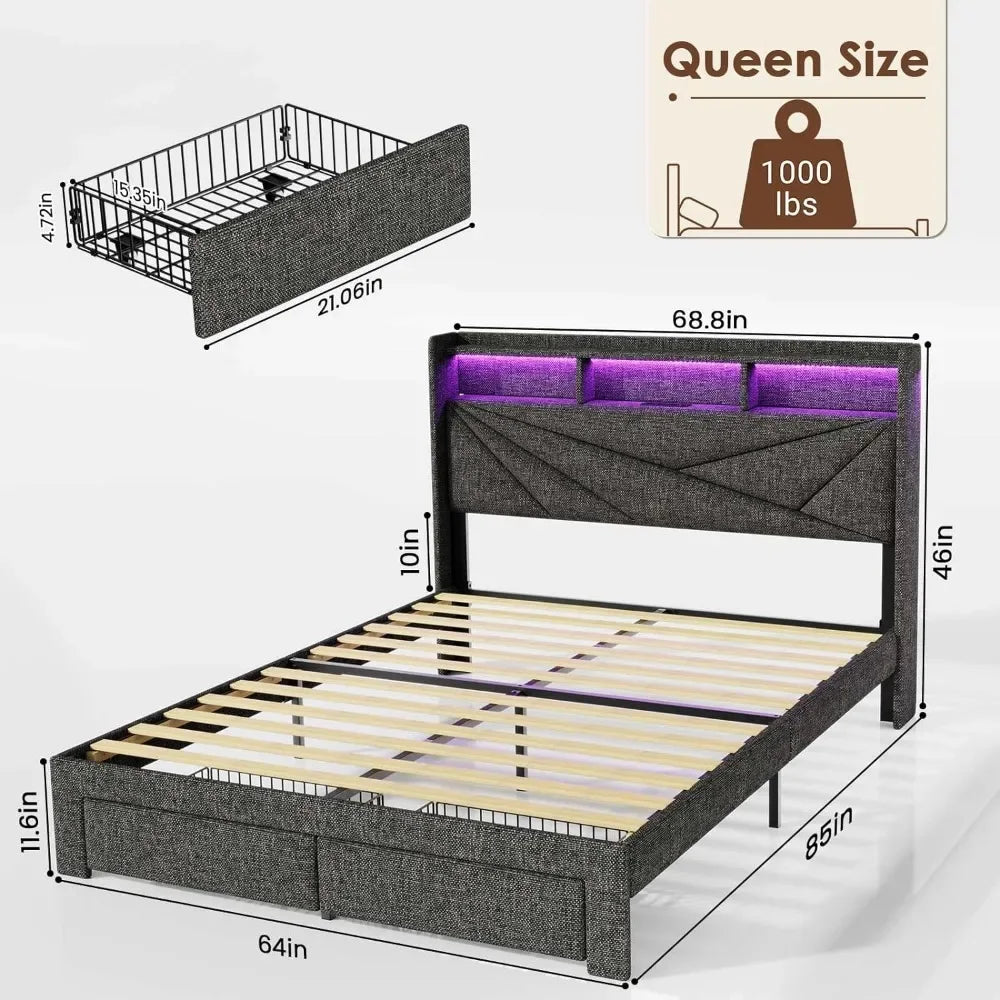 Bed Frame with 2 Storage Drawers with Headboard and Charging Station