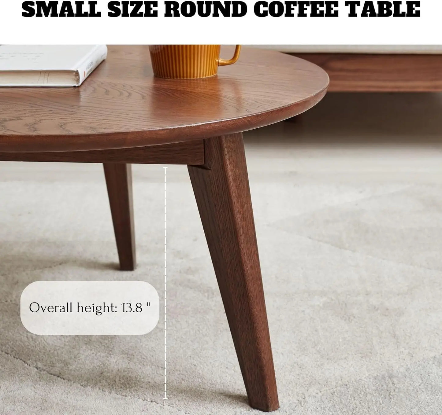 100% FAS Solid Oak Wood Mini Coffee Table - Natural Walnut Finish Round