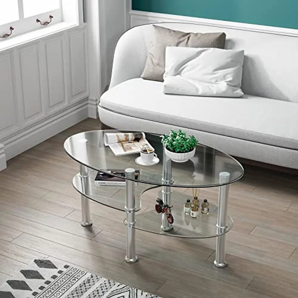 Tempered Glass Oval Coffee Table 3-Tier Steel Tea Table