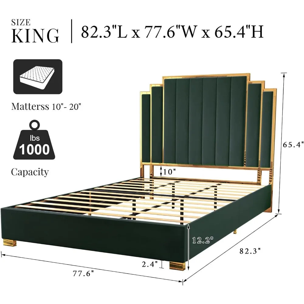 Bed Frame, 61.4" Velvet Upholstered Bed with Gold Accent Headboard