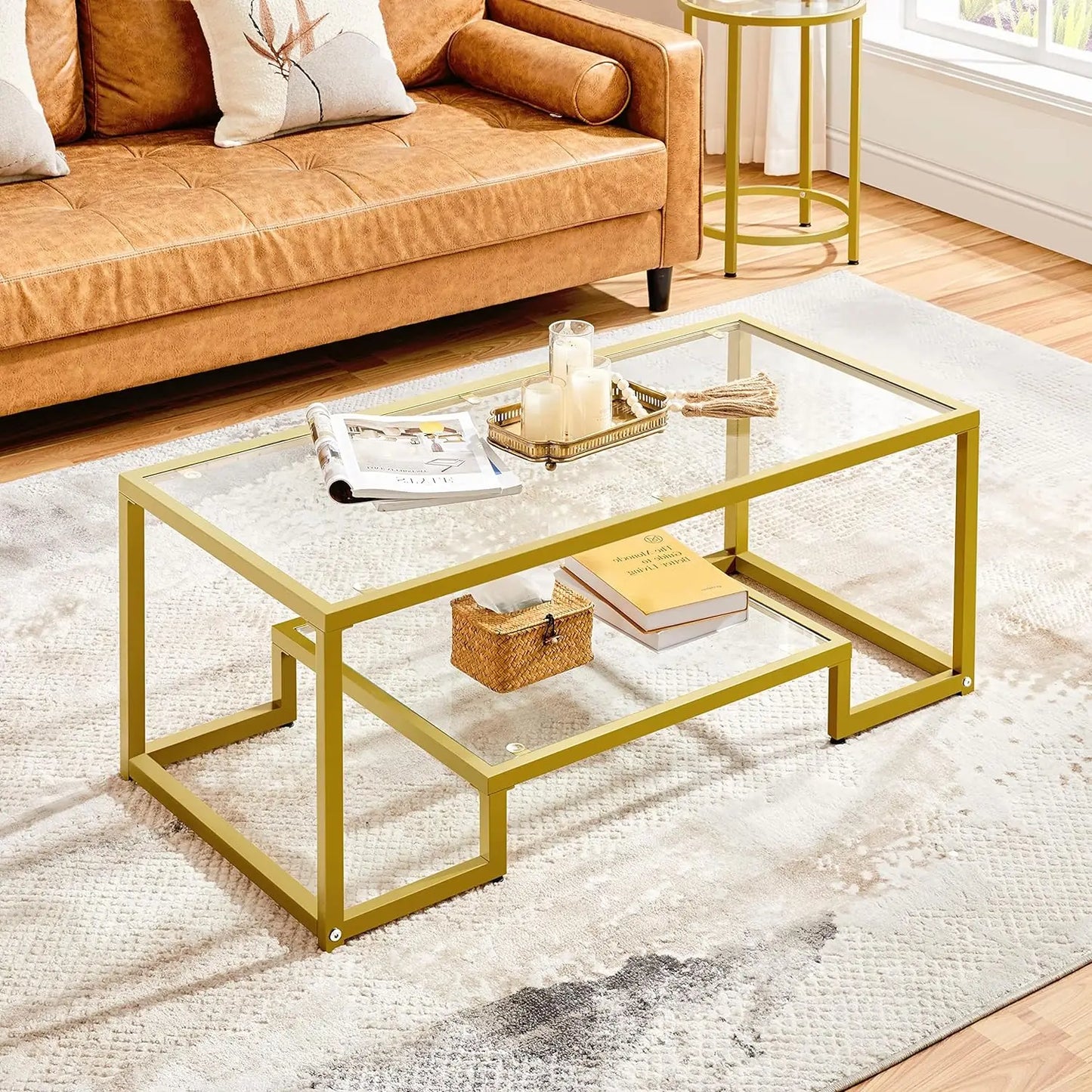 42" Rectangular Glass Coffee Table for Living Room, 2-Tier