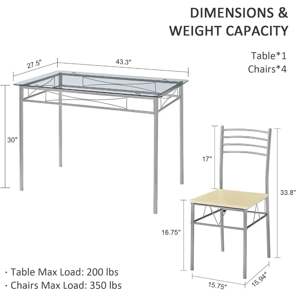 Dining Table Set of Tables and Chairs for Dining Room Glass Top Silvery Small Space Chair