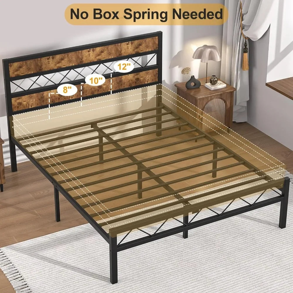 Metal platform bed frame, vintage wood headboard