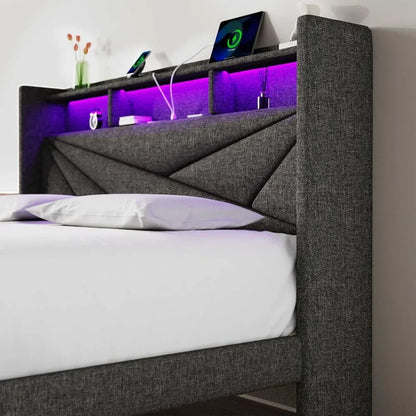 Bed Frame with 2 Storage Drawers with Headboard and Charging Station