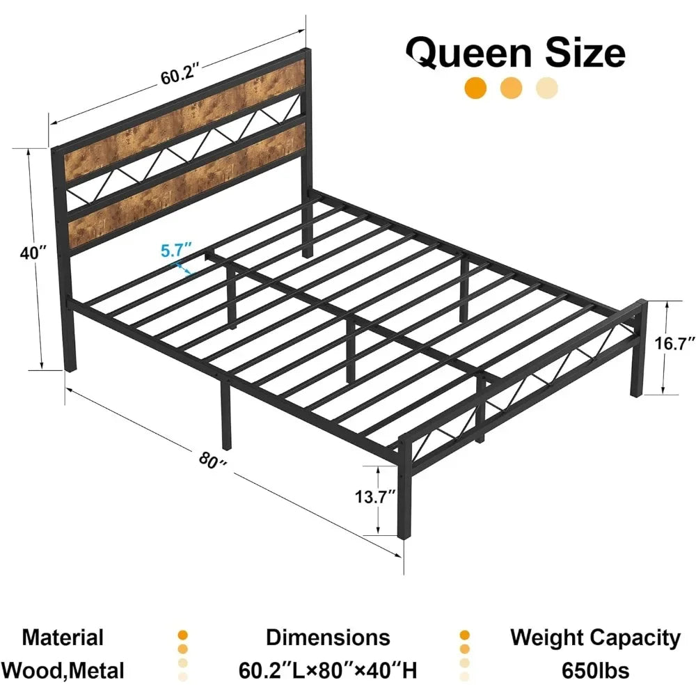 Metal platform bed frame, vintage wood headboard