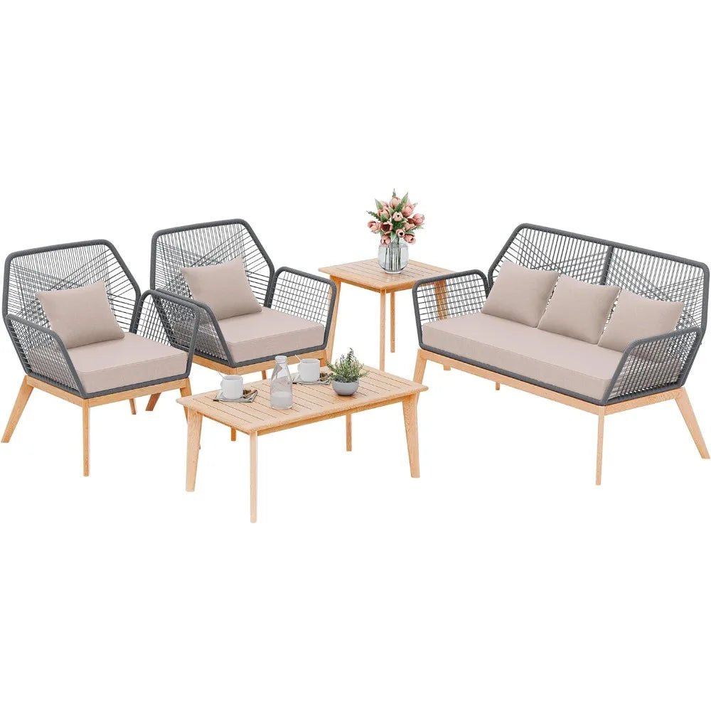 Outdoor Patio Furniture Set,5 Pieces Indoor Rope Woven Sectional Sofa Set