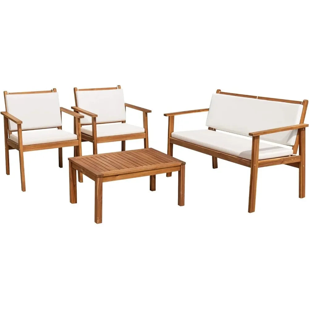 Patio Furniture 4 Piece Outdoor Acacia Wood Patio Conversation Sofa Set