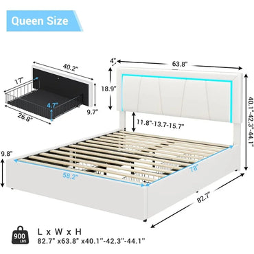 LED Bed Frame Queen Size with Storage Drawer and USB Port