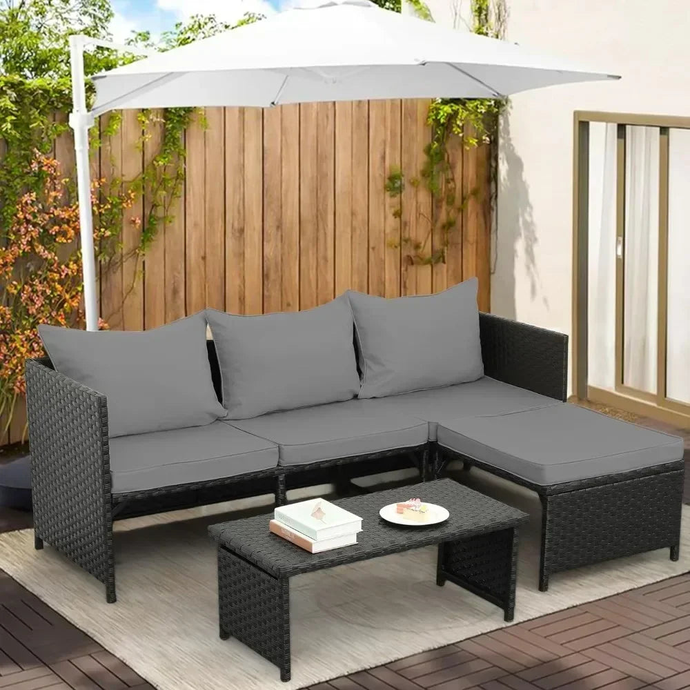 3-Piece Outdoor PE Rattan Furniture Set Patio Black Wicker Conversation Loveseat Sofa