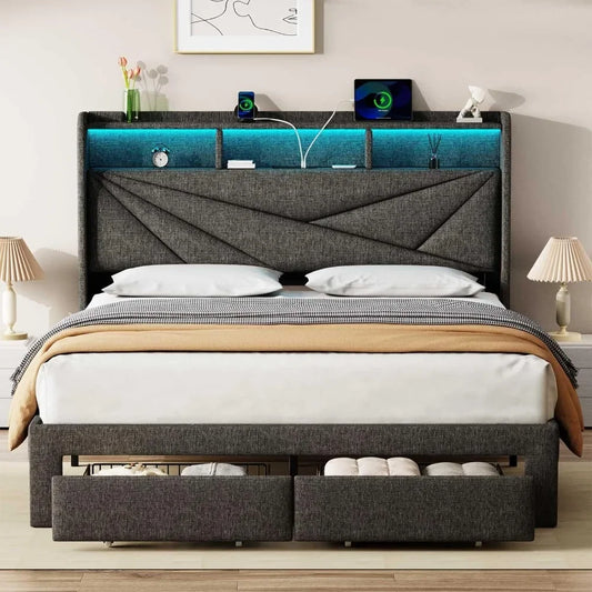 Bed Frame with 2 Storage Drawers with Headboard and Charging Station