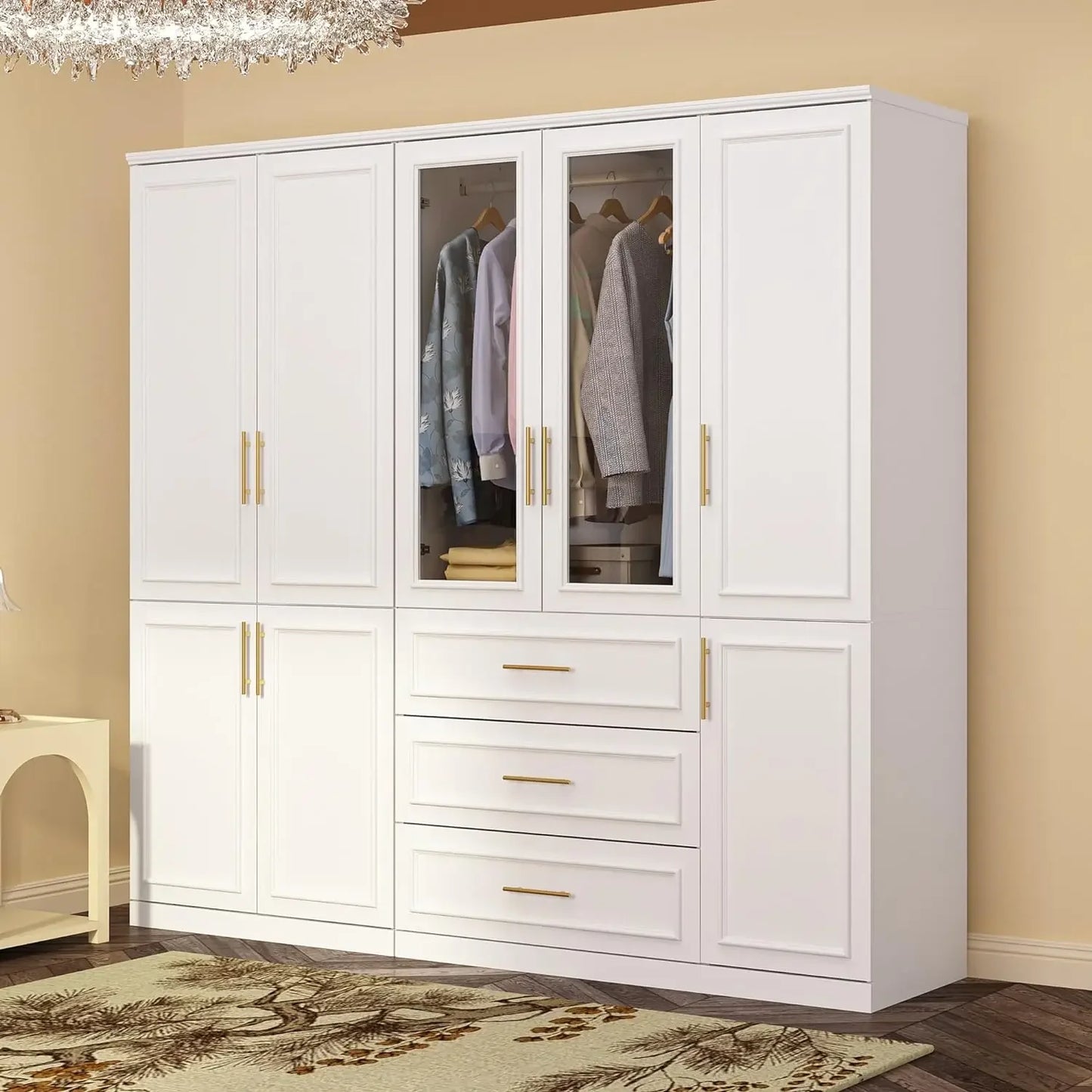 Extra Wide Wardrobe Armoire with 2/4/8 Doors,Drawers,Storage Shelves & Hanging Rods