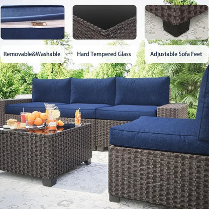 6 Pieces Outdoor Patio Sectional Sofa Couch, Brown PE Wicker Furniture