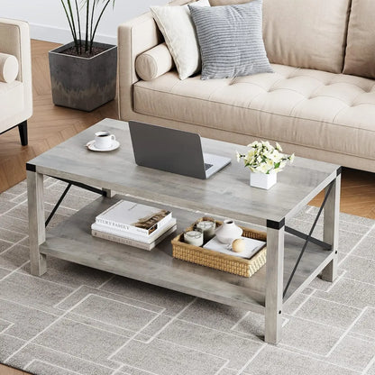 Rectangle Coffee Table 2-Tier Farmhouse Coffee Table for Living Room