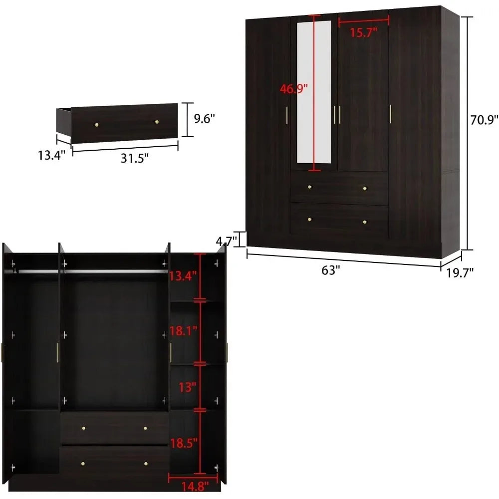 4 Door Wardrobe Armoire Closet with Mirror Door, Wardrobe Cabinet with 2 Drawers & Hanging Rod