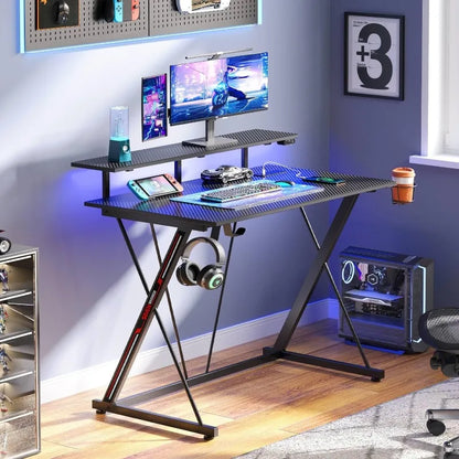 Gaming Desk with LED Lights & Power Outlets, 31.5" Computer Desk with Monitor Shelf