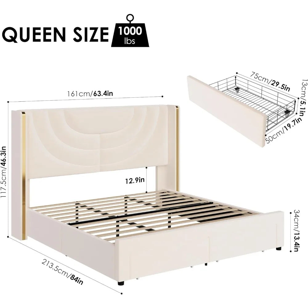 LED Queen Bed Frame with 2 Storage Drawers Solid Wooden