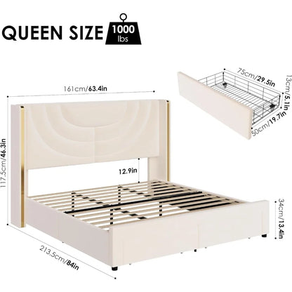 LED Queen Bed Frame with 2 Storage Drawers Solid Wooden