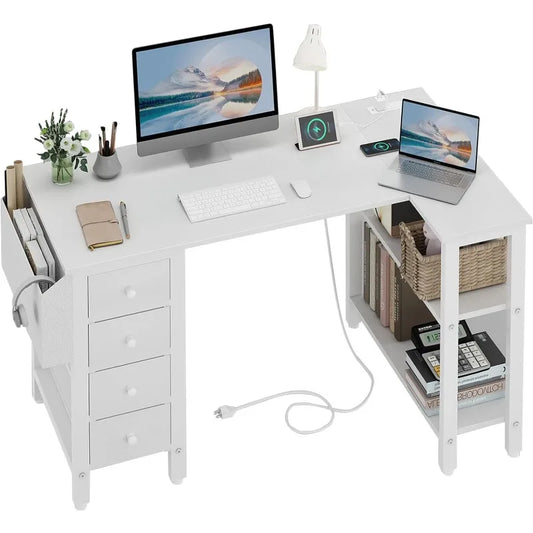 Lufeiya White L Shaped Computer Desk with Drawers & Storage Shelves, 47 Inch