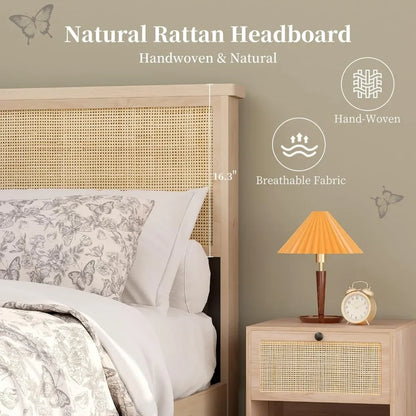 Rattan Bed Frame with Headboard and Wooden 4 Storage Drawers