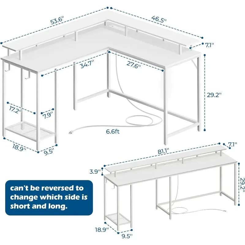 SUPERJARE L Shaped Computer Desk with Power Outlets & LED Lights