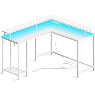 SUPERJARE L Shaped Computer Desk with Power Outlets & LED Lights