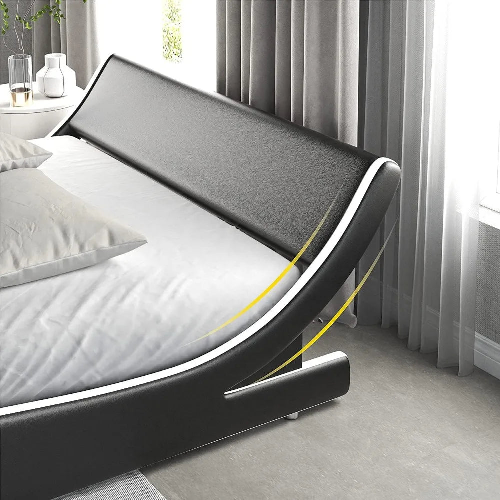 Bed Frame Modern Low-profile Toboggan Bed with Faux Leather