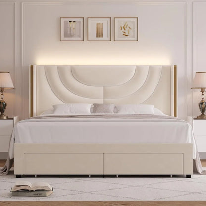 LED Queen Bed Frame with 2 Storage Drawers Solid Wooden