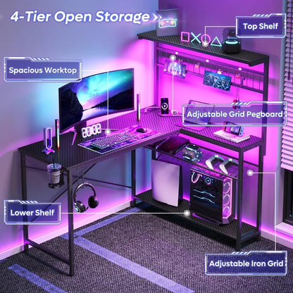 L Shaped Gaming Desk with Power Outlets, 51 inch Large LED Computer Desk